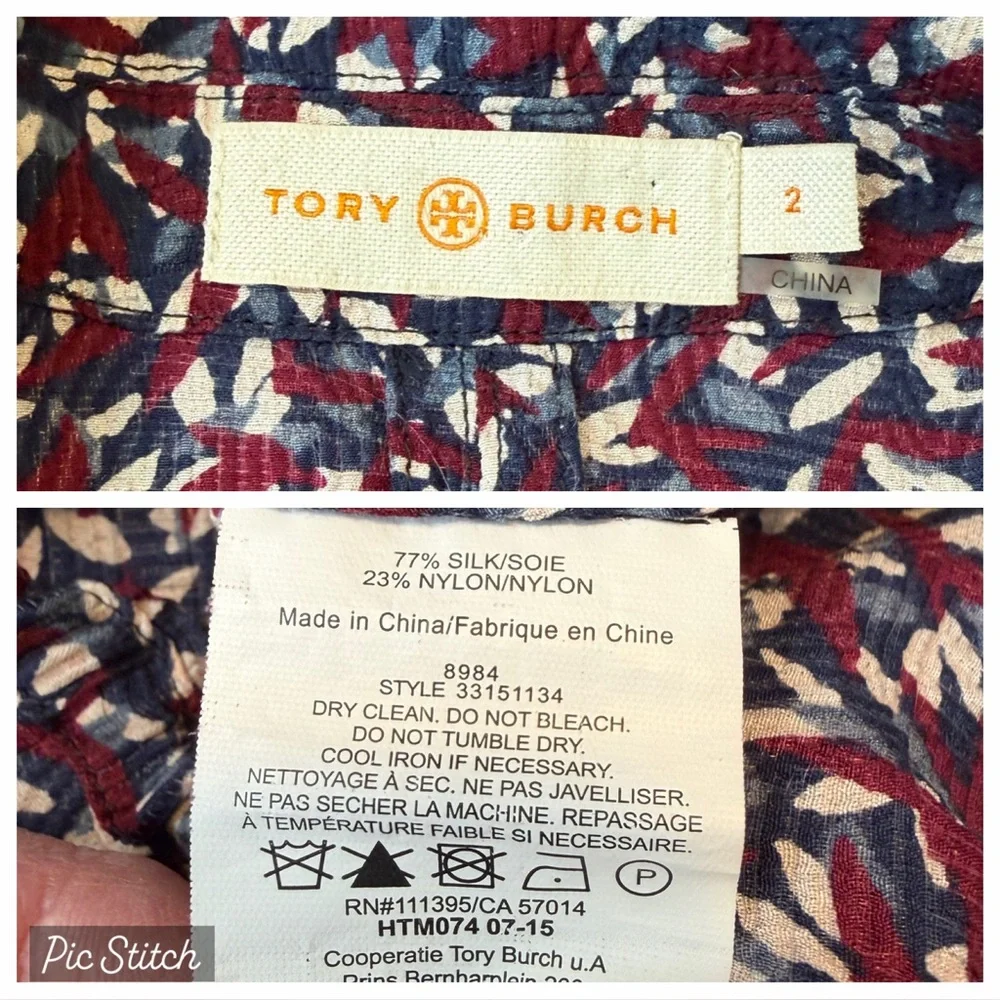 Tory Burch Blue Burgundy White Agate Confetti Tunic Blouse Silk Blend XS Fall